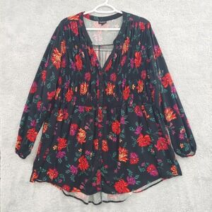 Torrid Tunic Women's 3X Black Red Floral Smocked Button Up Dark Romantic Rayon